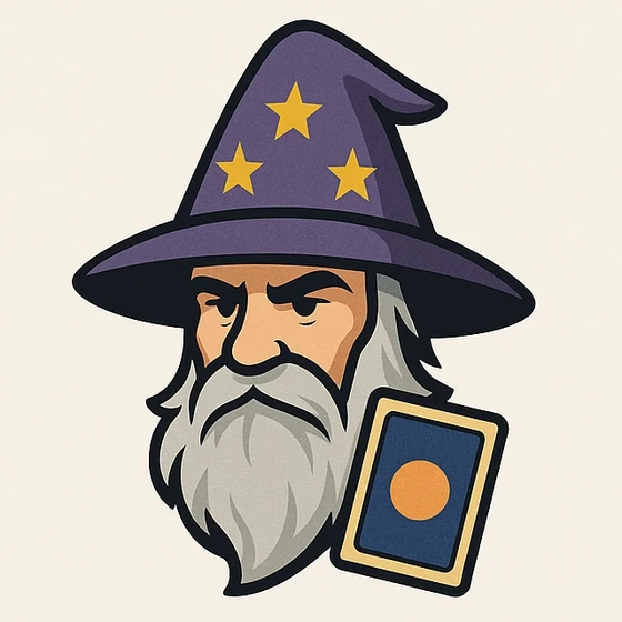 The WiZARD mascot: a bearded wizard in a starry purple hat holding a trading card